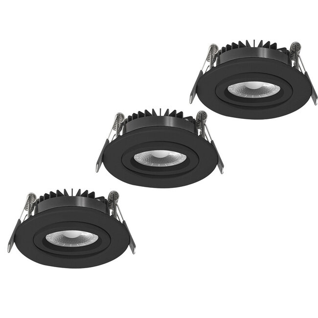 Set van 3 Inbouw Ledspot Dublin Zwart, 6 Watt, Dimbaar Warm wit licht  IP44