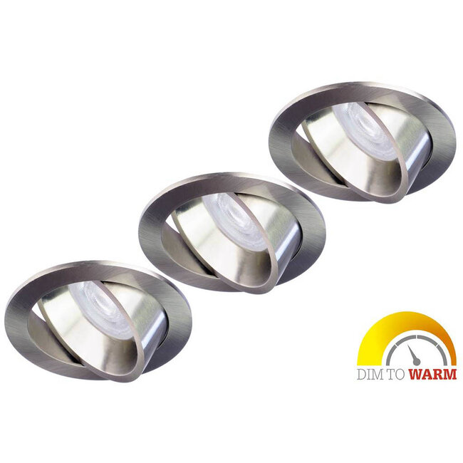 Philips 3 Stuks RVS Kleur, LED inbouwspots met een Philips 4,9W GU10 Spot, dimbaar (dim to warm), kantelbaar, warmwit licht.
