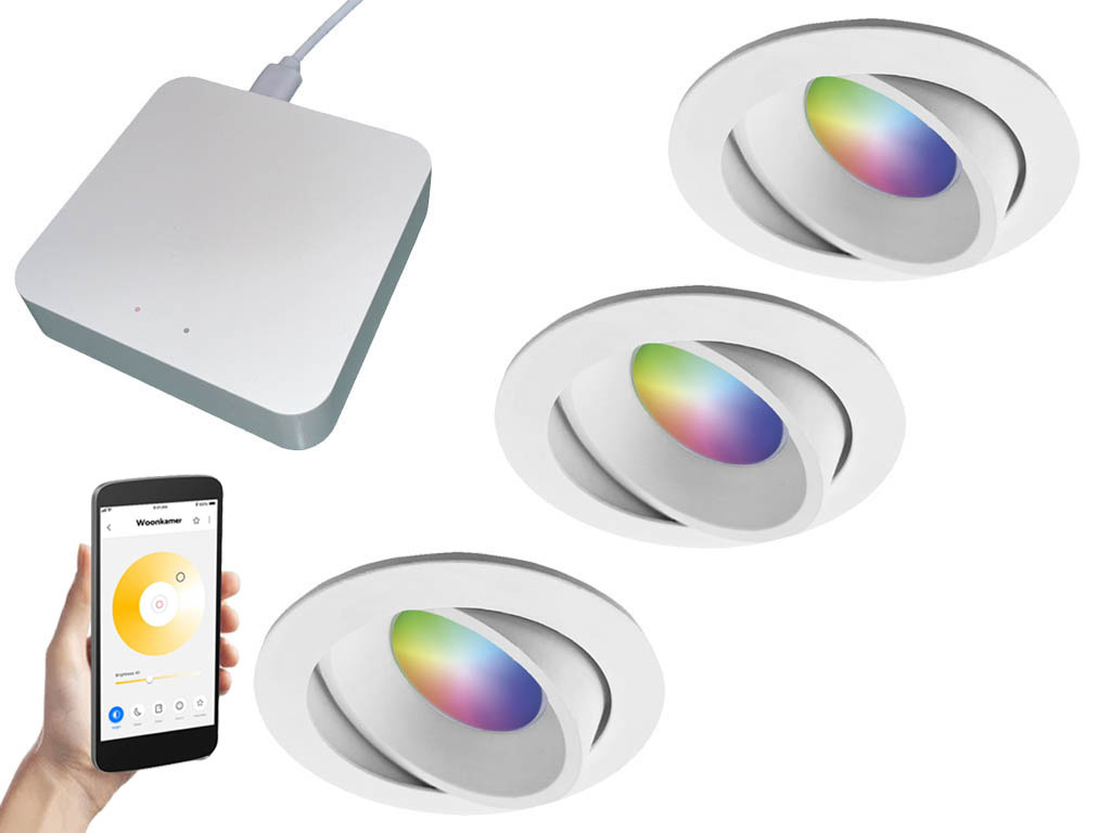 Starterset Smartverlichting : 3x Kleuren inbouw spots met Bridge