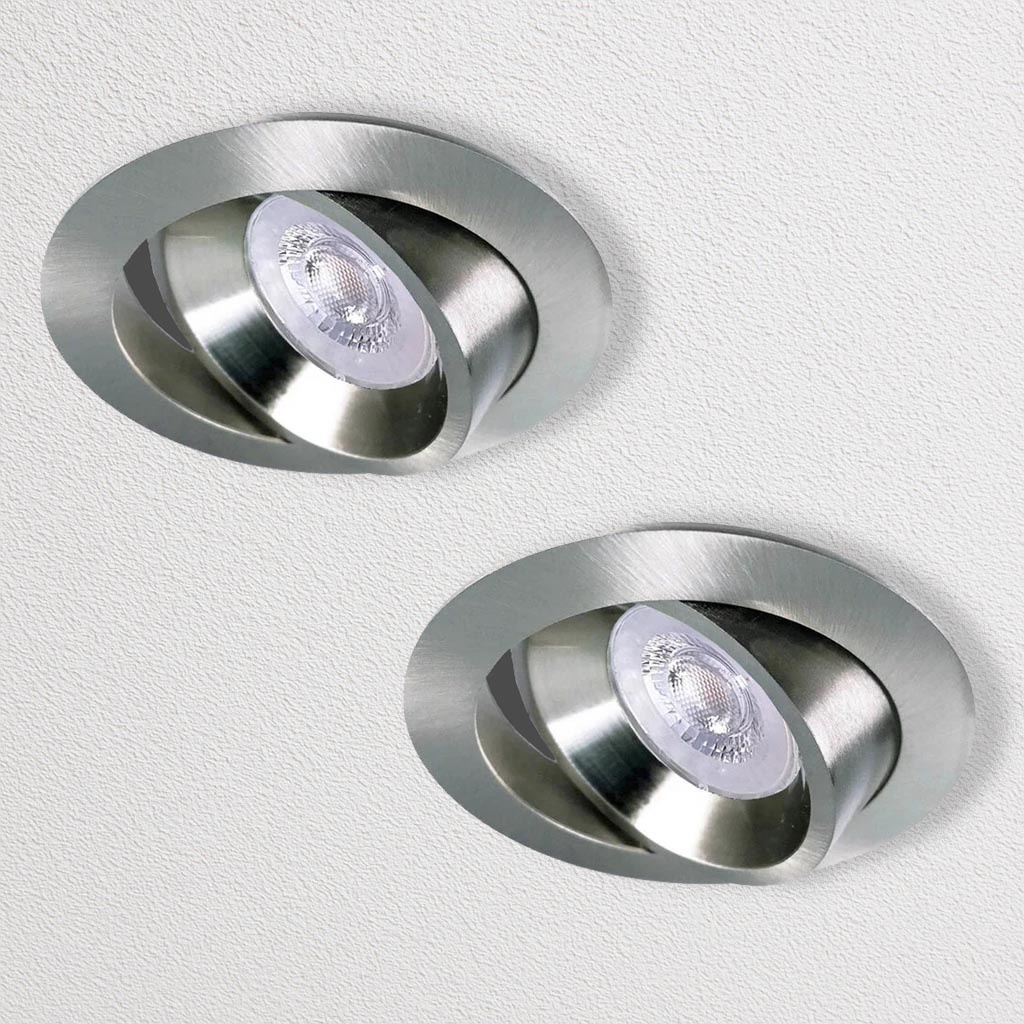 Set van 2 RVS LED inbouwspots BRUGGE 5W dimbaar, kantelbaar, warmwit licht.
