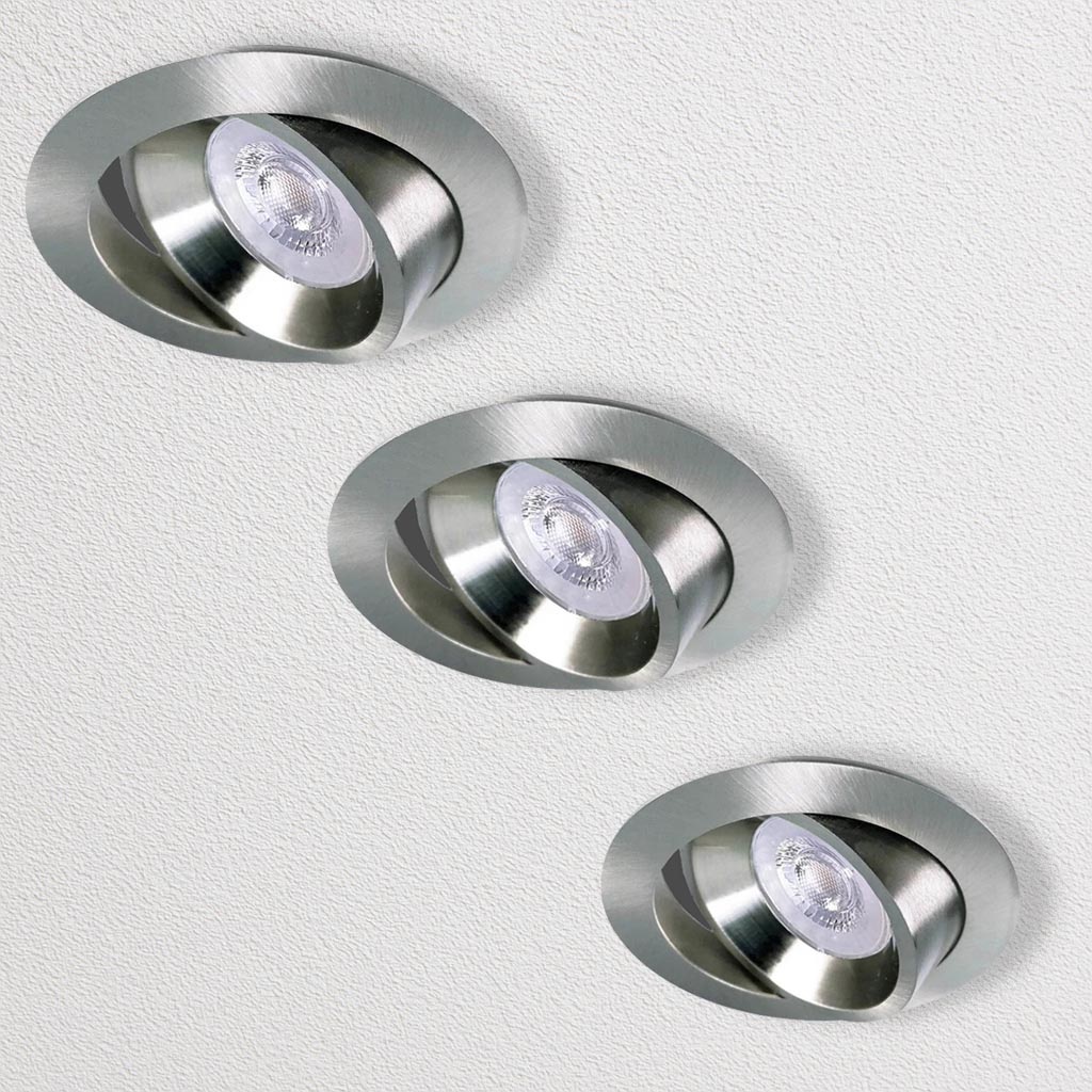 Set van 3 RVS LED inbouwspots BRUGGE 5W dimbaar, kantelbaar, warmwit licht.