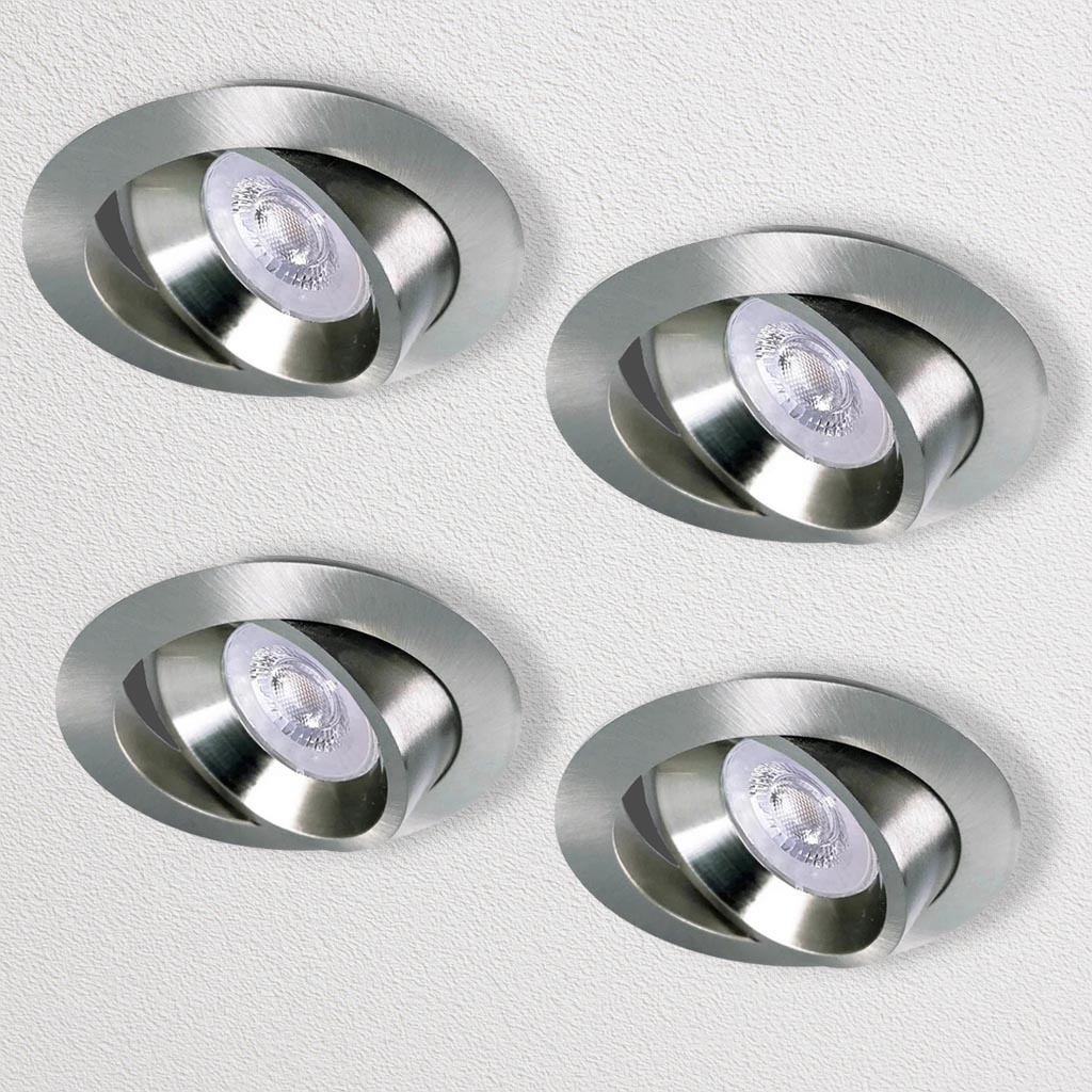 Set van 4 RVS LED inbouwspots BRUGGE 5W dimbaar, kantelbaar, warmwit licht.