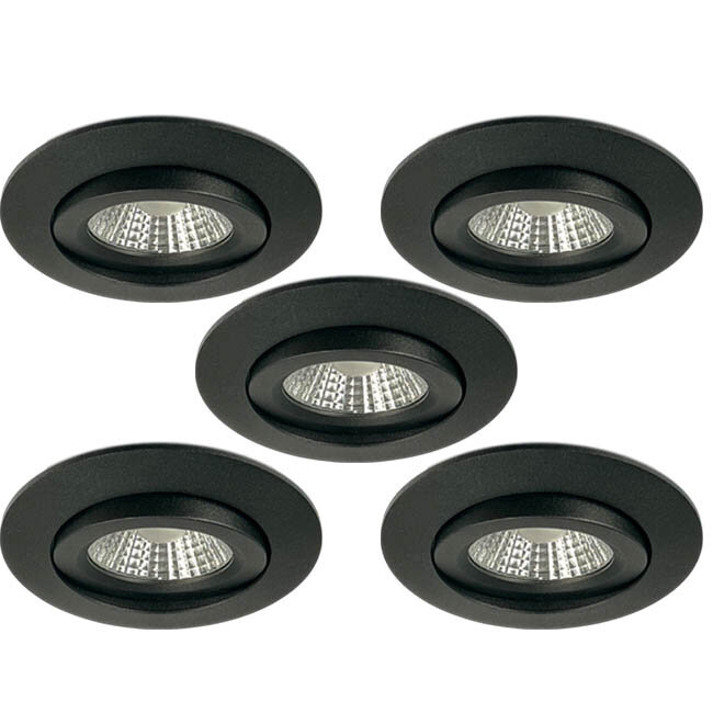 Set van 5 Inbouw Ledspot Praag zwart, 5 Watt, Dimbaar, Warm Wit licht , IP44