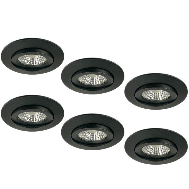 Set van 6 Inbouw Ledspot Praag zwart, 5 Watt, Dimbaar, Warm Wit licht , IP44
