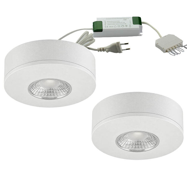 Set van 2 Cabinet Led Opbouwspot warm wit, witte uitvoering IP44, dimbaar