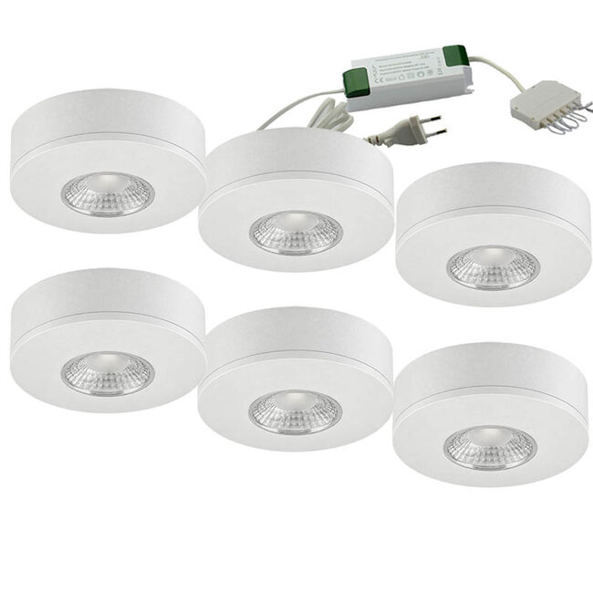 Set van 6 Cabinet Led Opbouwspot warm wit, witte uitvoering IP44, dimbaar