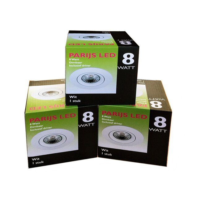 Set van 4 stuks Inbouw LEDspot Parijs, Warm wit licht, dimbaar, 8 Watt, kantelbaar