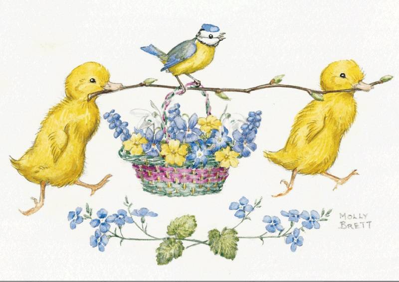 Molly Brett, Two Ducklings and Blue Tit with Basket of Flowers PCE 129