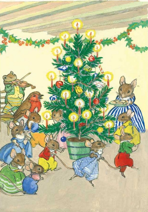 Molly Brett, A family of mice playing around the christmas tree PCE 182