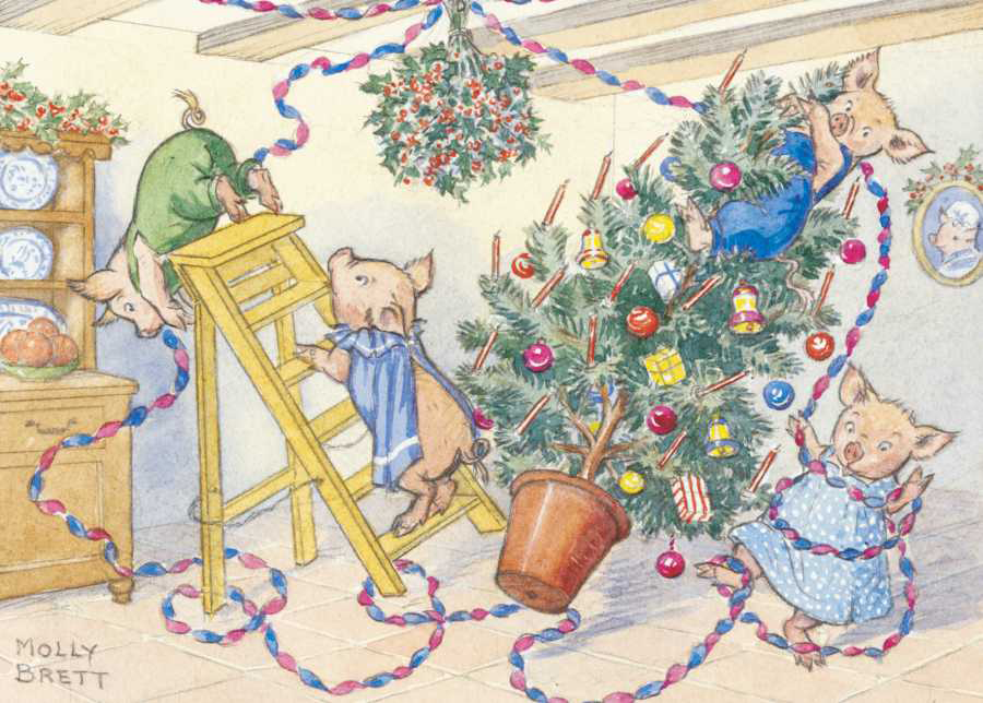Molly Brett, A Family of pigs putting up Christmas decorations PCE 139