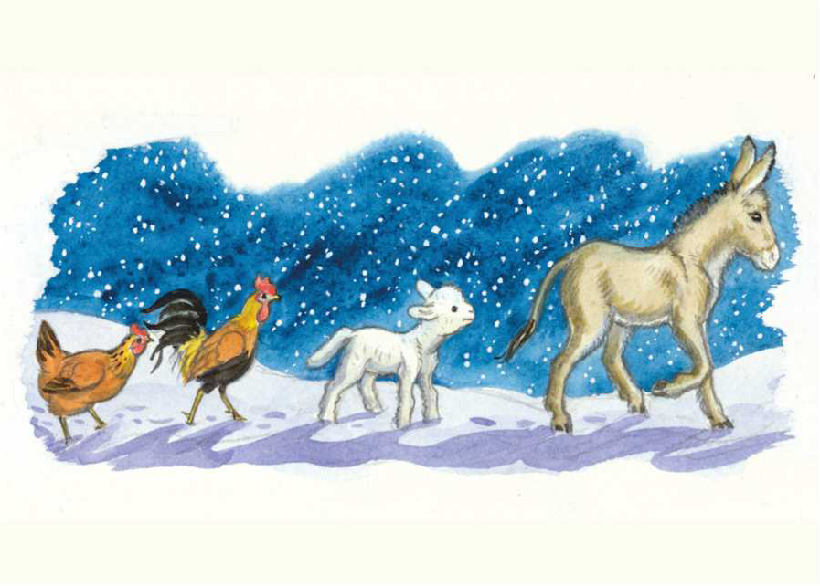 Molly Brett, Donkey, lamb, cock and hen in the Snow PCE 207