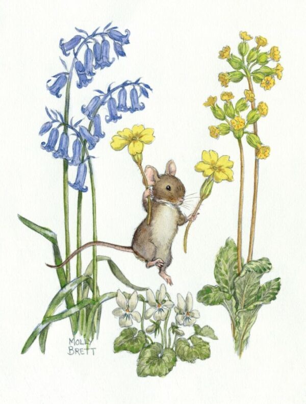 Mollie Brett, Jumping Mouse Holding Primroses with Bluebells  PCE 289
