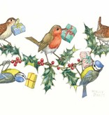 Molly Brett, Wrens, blue tits and robin holding presents on holly sprig (PCE 258)