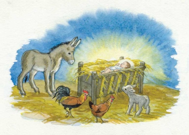 Molly Brett, Donkey, lamb, cock & hen around Jesus in Crib (PCE 259)