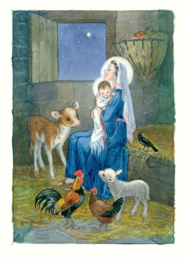 Molly Brett, Madonna and child in stable with calf, lamb, hens and robin (PCE 271)