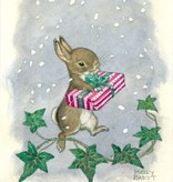 Molly Brett, Rabbit holding present in falling snow, with ivy (PCE 272)