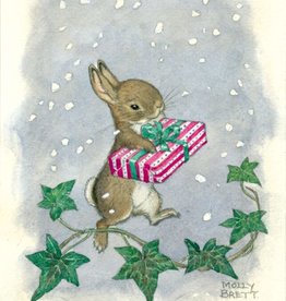 Molly Brett, Rabbit holding present in falling snow, with ivy (PCE 272)