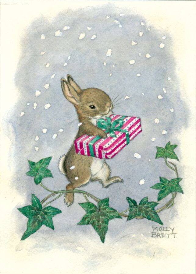 Molly Brett, Rabbit holding present in falling snow, with ivy (PCE 272)