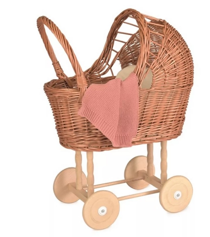 ticket Kauwgom Belonend Poppenwagen Riet met houten wielen en roze dekentje - Zaailing