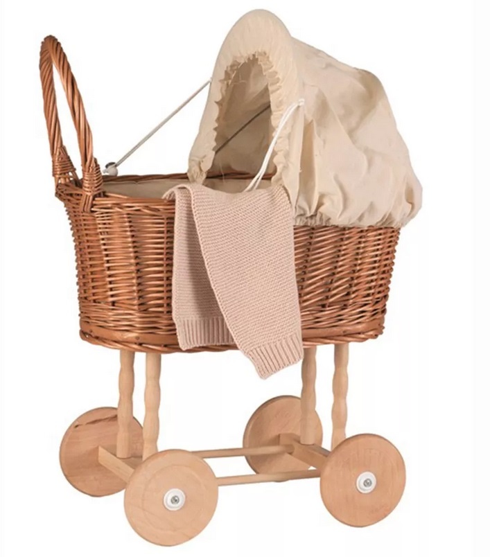 Prijs onenigheid leerling Poppenwagen Riet met houten wielen en roze dekentje en stoffen kap -  Zaailing