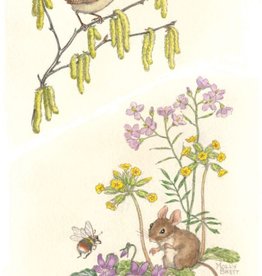 Molly Brett, Wren on branch with catkins, mouse and bee PCE 314