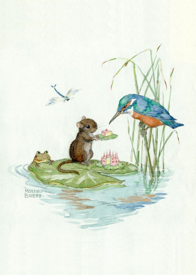 Molly Brett, (PCE 315) A mouse giving birthday cake to a kingfisher