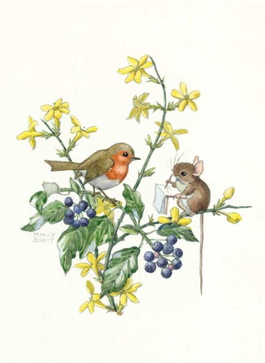 Molly Brett, Mouse sitting on winter jasmine sketching robin (PCE 250)