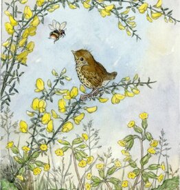 Molly Brett,  Baby thrush on gorse with cowlips and bee (PCE 313)