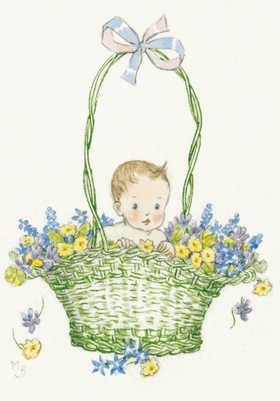 Molly Brett, Baby in a green Basket of Flowers PCE 060 Ansichtkaart