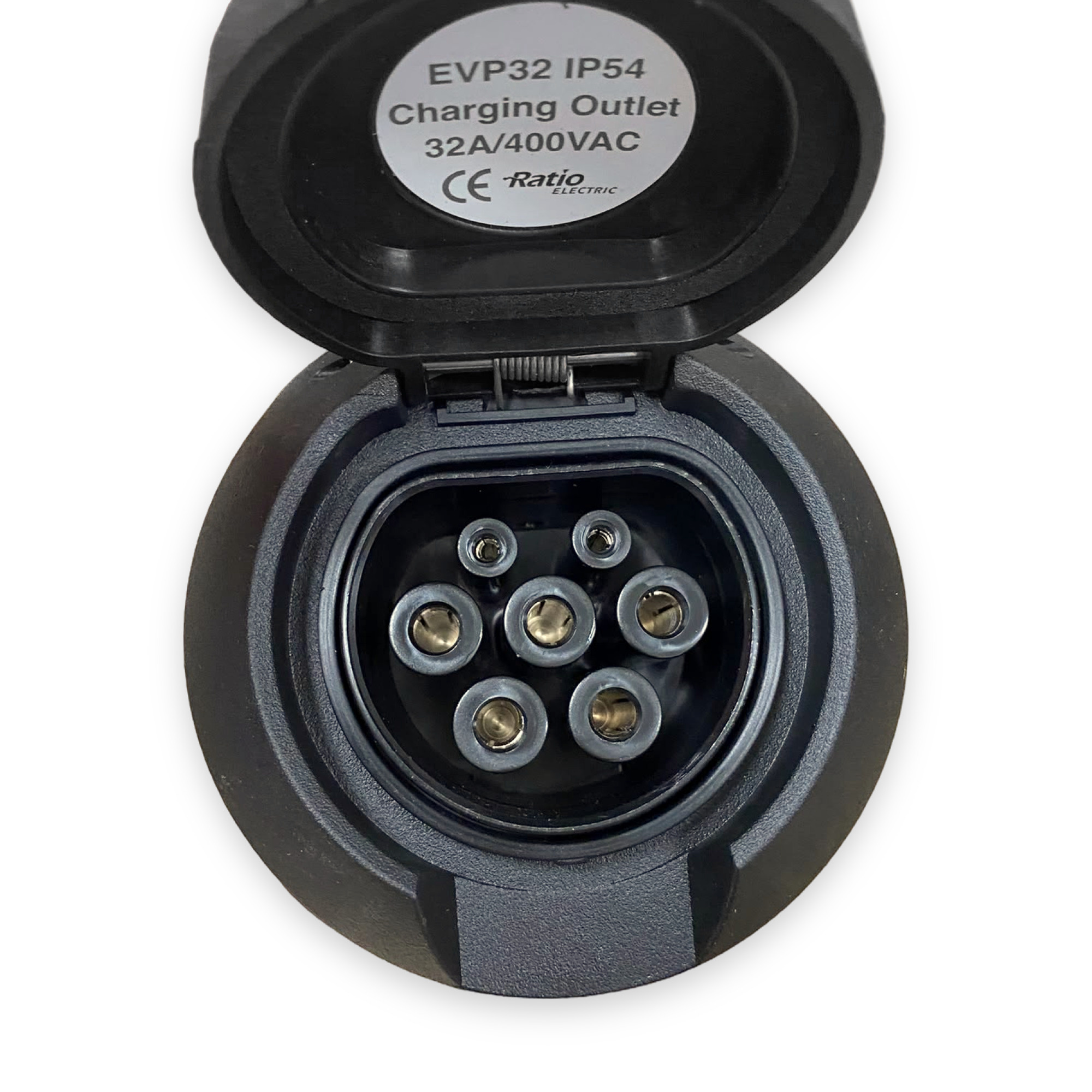 Ratio Electric EVP32 Type 2 charging outlet 32 A / 400 V AC, IP54, met veerklep