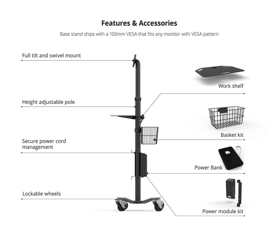 Cling Rise Tablet Stand - hoogte instelbare verrijdbare vloerstandaard