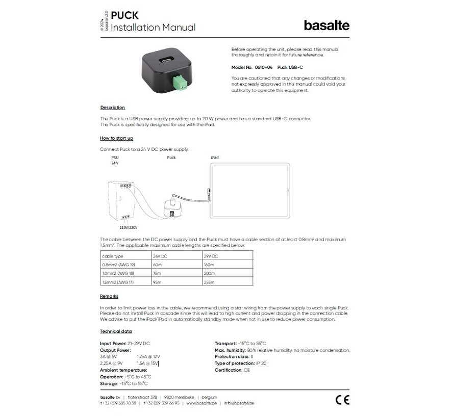 Puck inbouw lader Eve 20W  24v USB-C