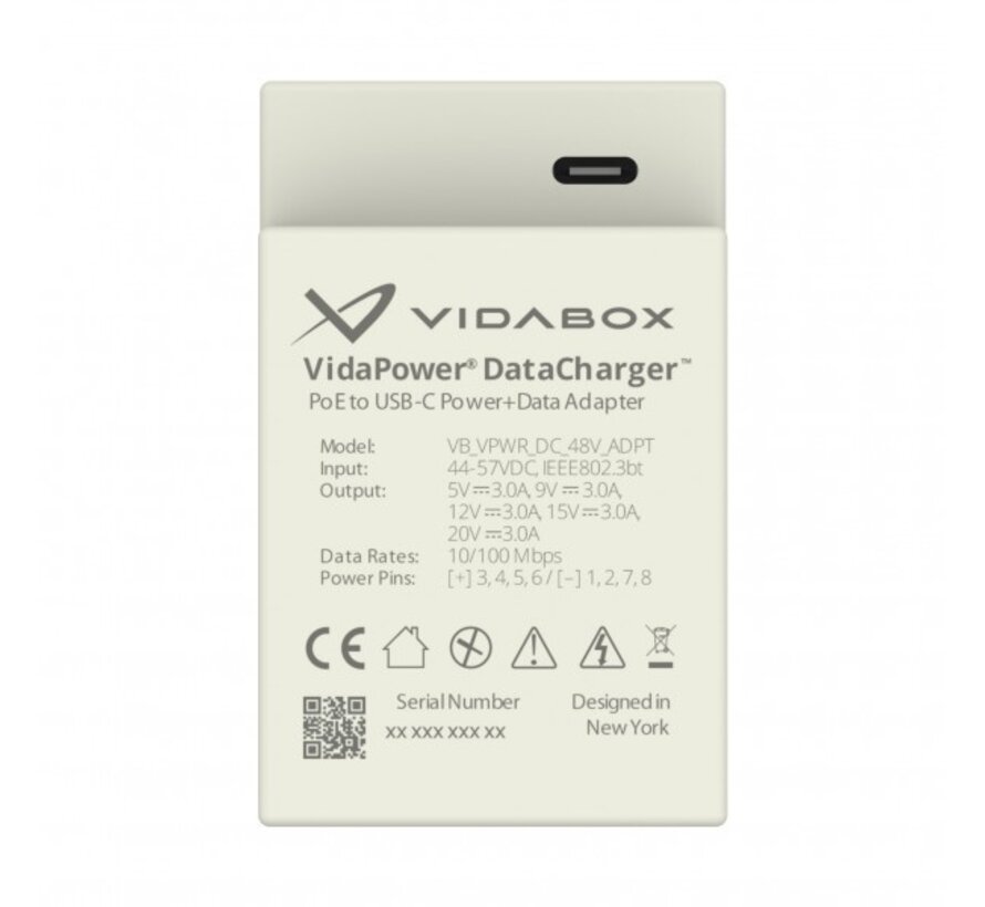 48V VidaPower® DataCharger™ : 802.3bt CAT5 / PoE naar USB-C Adapter (Voeding+Data