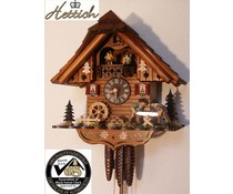Hettich Uhren Original Black Forest cuckoo clock with 1 days music rack strike movement and movable double Sawyers dancers and water wheel 34cm high and 31cm wide