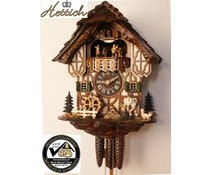 Hettich Uhren Original Black Forest cuckoo clock with 1 days music movement with wood shingle roof and moving wood chopper and mill wheel-dance figures 34cm high and 27cm wide