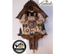 Hettich Uhren Original Black Forest cuckoo clock with 1 days music movement with wood shingle roof and moving beer drinkers and mill wheel dance figures 34cm high and 27cm wide