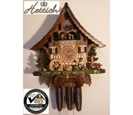 Hettich Uhren Original hand-crafted in the Black Forest Cuckoo Clock Black Forest house style 47cm high with moving beer drinkers and mill wheel-dance figures