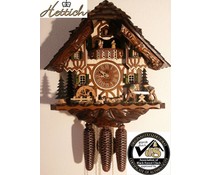 Hettich Uhren Reloj de cuco original de la Selva Negra con mecanismo de 8 días de música-bailarina-perchero con sierras dobles móviles y figuras de danza, así como la rueda de molino de 40 cm de altura