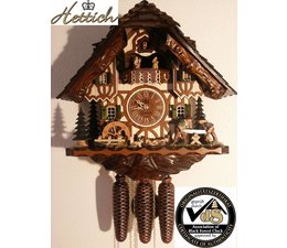 Hettich Uhren Orginal im Schwarzwald handgefertigte Kuckucksuhr im Schwarzwaldhausstil 40cm hoch mit beweglichen Doppelsäger -Tanzfiguren und Mühlrad