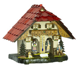 Trenkle Uhren Exclusive weather house in the Black Forest made of wood The figures show the weather and this is how a weather house works: Inside the weather house there is a strand of gut string that reacts to changes in humidity