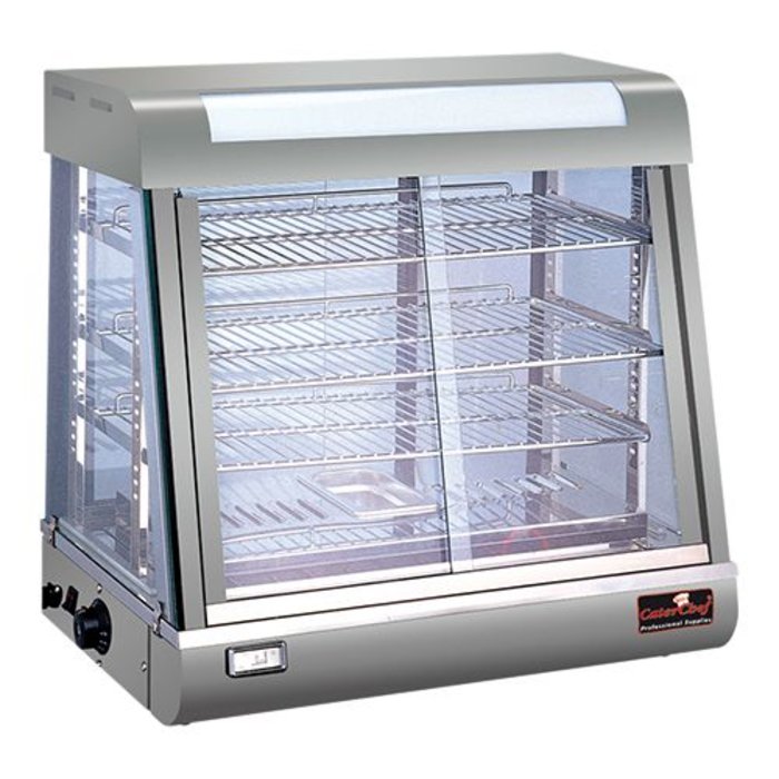 CaterChef warmhoudvitrine m/schuifruitjes 66(H)x90x48cm 230V 1840W // Heeft een klein putje in het profiel. is verder geheel nieuw // 1 jaar garantie op de onderdelen.