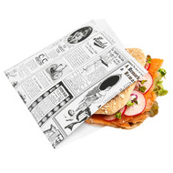 Hamburger/pizza zakjes "Times" vetvrij papier 2-zijden geopend  afm: 17x18cm pak à 500 Hamburger/pizza zakjes "Times" vetvrij papier 2-zijden geopend  afm: 17x18cm pak à 500
