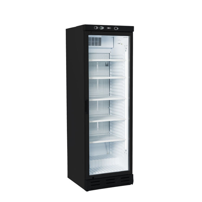 Topcold Display koelkast model T401LUX afm: 600x610x1890mm BxDxH voorzien van 5 roosters, zwart met glasdeur 310W 230V