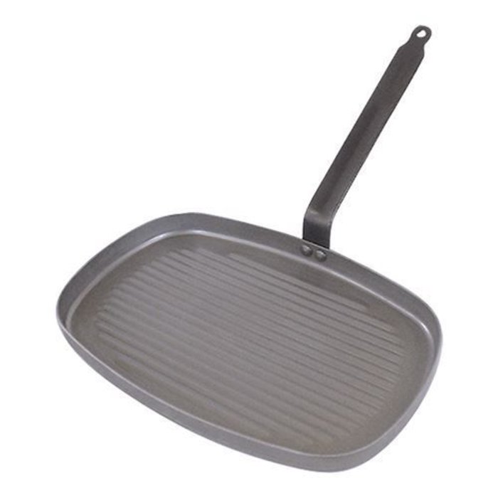 De Buyer grillplaat geribbeld plaatstaal m/steel 38x26cm