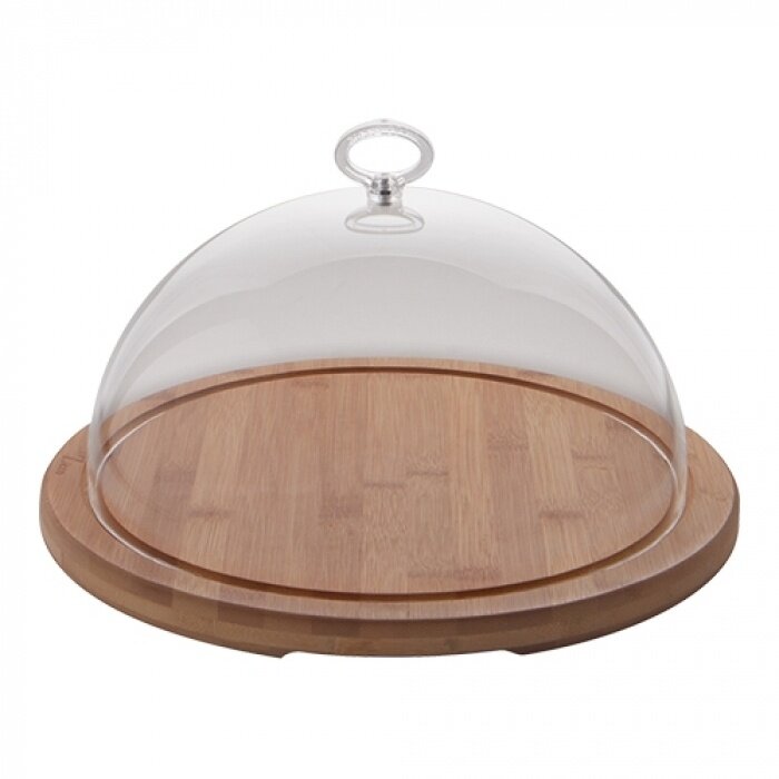 Buffetvitrine serveerplateau hout Ø30cm met polycarbonaat kap H 18cm