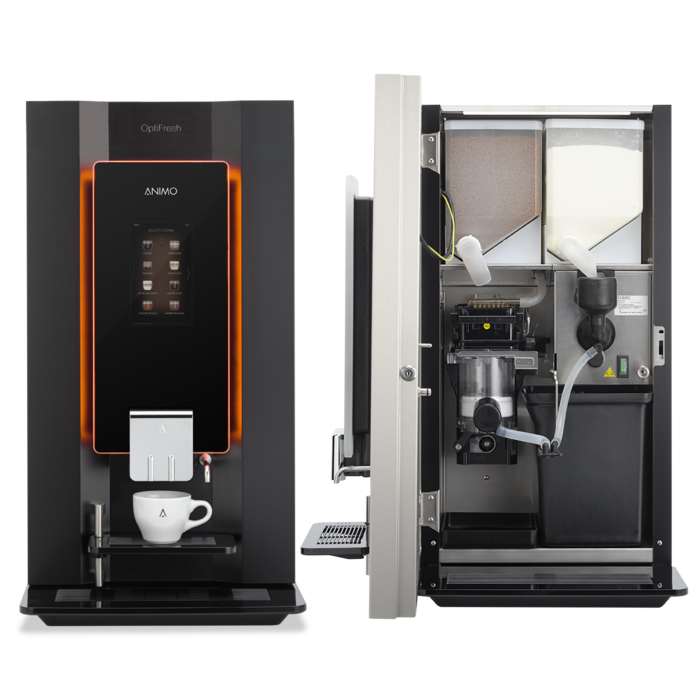Animo OptiFresh 2 Touch Koffiemachine (bonen) Zwart, 1 Fresh Brew canister, 1 instantcanister, 1 mixer, 409x575x773cm (BxDxH)