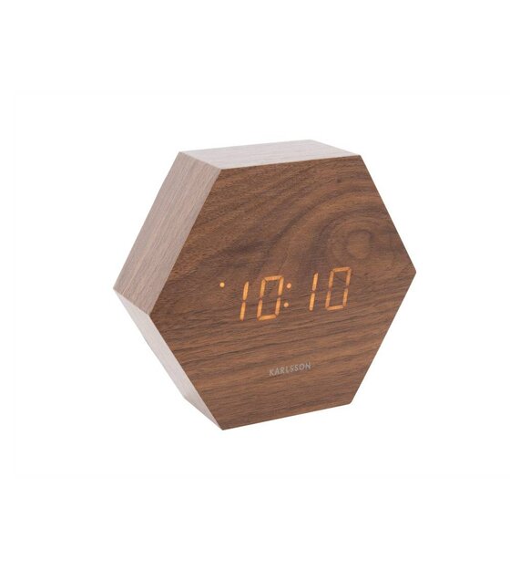 Tafel/Alarm klok Hexagon bruin hout 11x13cm wonenmetlef.nl