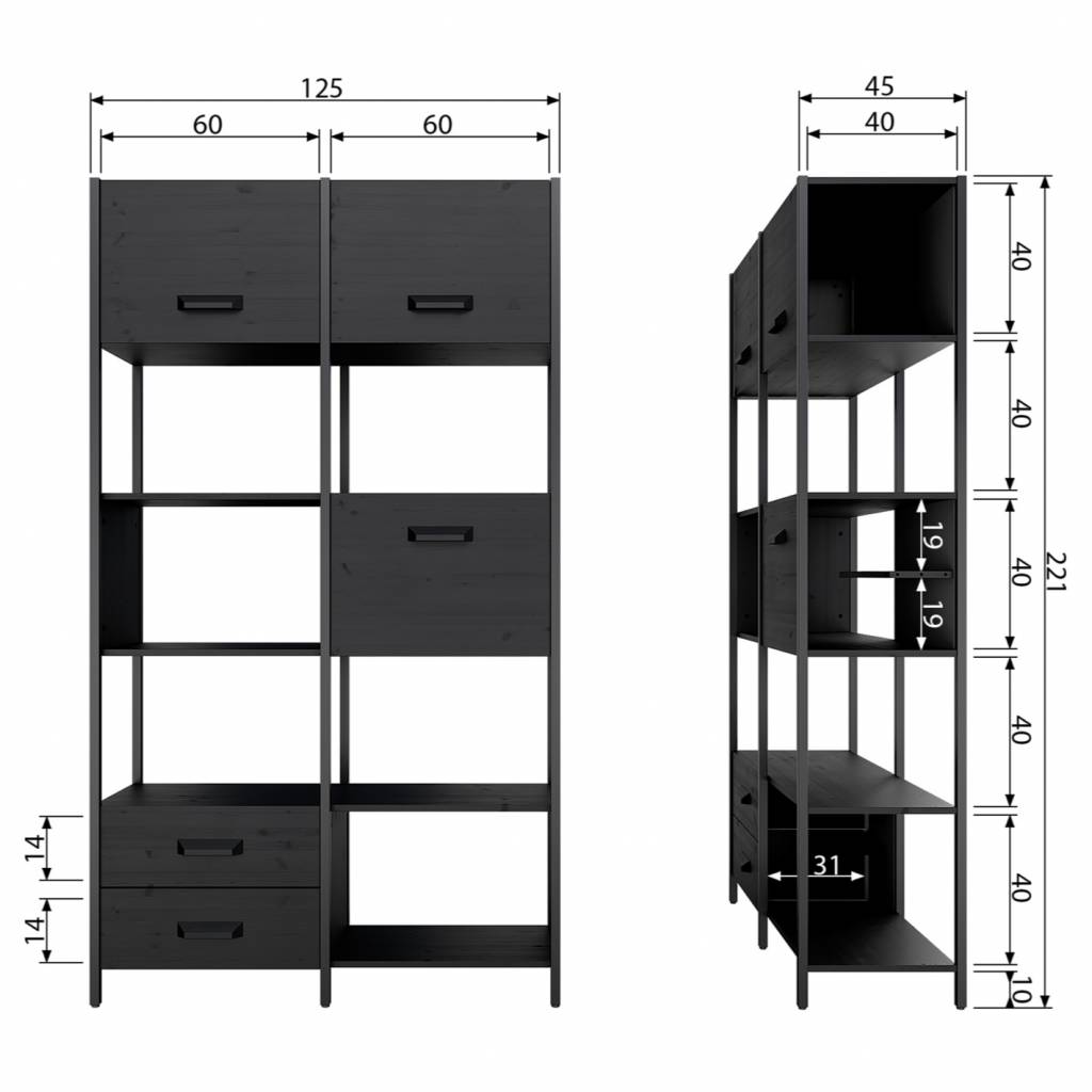 Vakkenkast Legacy zat zwart hout metaal 123x45x220cm wonenmetlef.nl