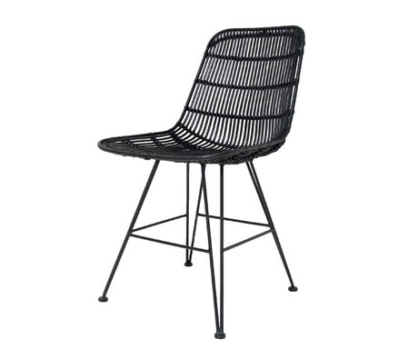 HK-living Eetkamerstoel zwart metaal/rotan 80x44x57cm, rotan stoel