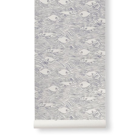 Ferm Living Papier peint Stream Creme Dark Blue Paper 53x1000cm